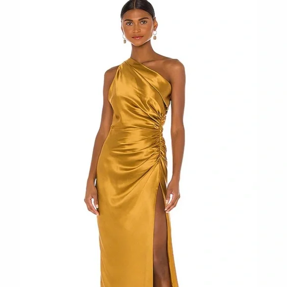 Michelle Mason Asymmetrical Gathered Dress in Ochre - Mustard. Size 6 (also in 4).